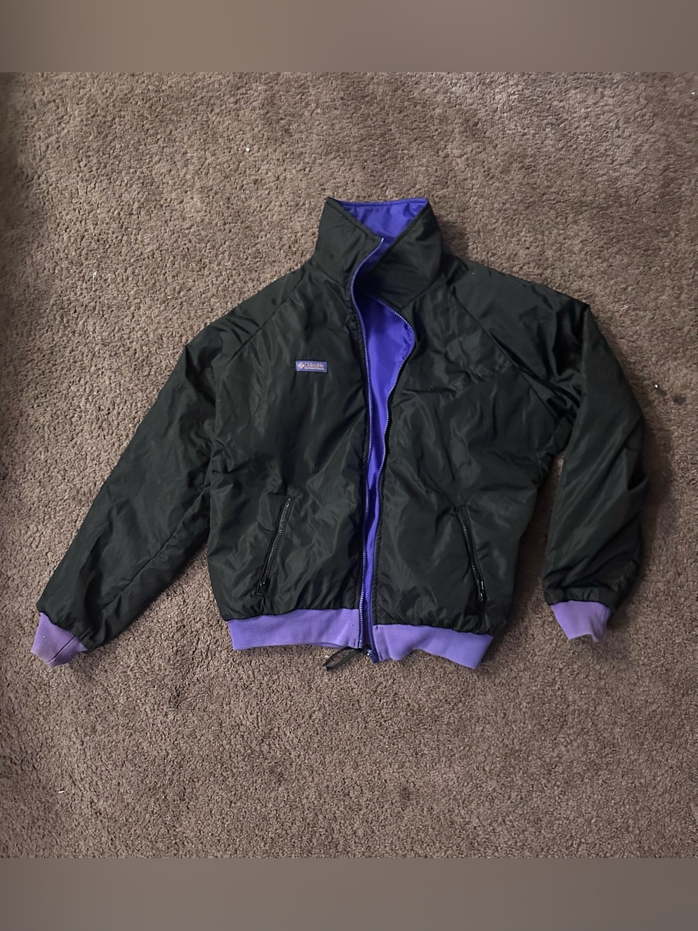 Vintage 1990s Reversible Columbia Men's Black/Purple Bomber Jacket - L
